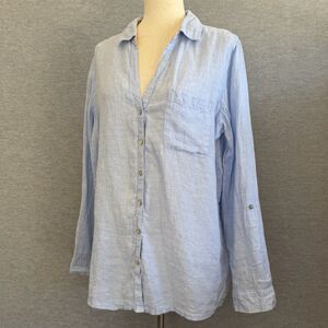 Sigrid Olsen 100% Linen Tunic Top Size L Preppy Coastal Grandmother Beachy Blue